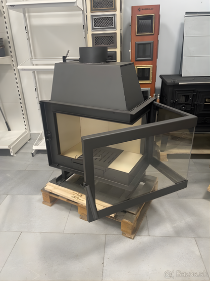Opened Right corner glass Black wood stove with beige interior and Side-opening doors on a pallet in a store setting