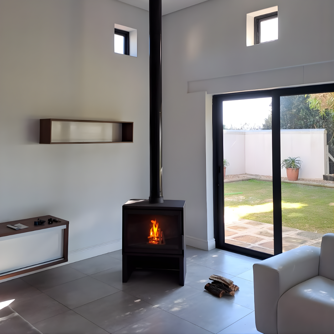 Scandinavian Style Dorako STO M14 Mid-century wood fireplace in Modern living room with a sliding glass door leading to a garden and logs on the floor