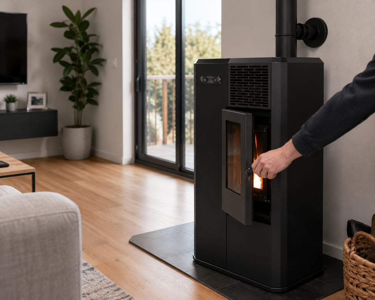 Black Compact high efficiency KFD 6,0 PS floor and hanging home heating pellet stove with a visible burning flame and a hand open the glass door. Smart Control free standing rear and lateral flue outlet home heating pellet stove. Modern home fireplace. This product is similar to Comfortbilt Pellet Stoves HP50 Brown Modern Design Efficient, Cleveland Iron Works Pellet Stove PS20W-CIW, Harman Allure50 Pellet Stove, Drolet Eco-65R Pellet Stove, ComfortBilt Alpine Pellet Stove HP41, ATLAS Pellet Stove Boiler.
