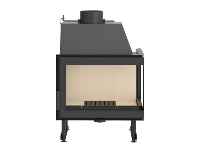 Right corner glass Black wood stove with beige interior and Side-opening doors on a white background