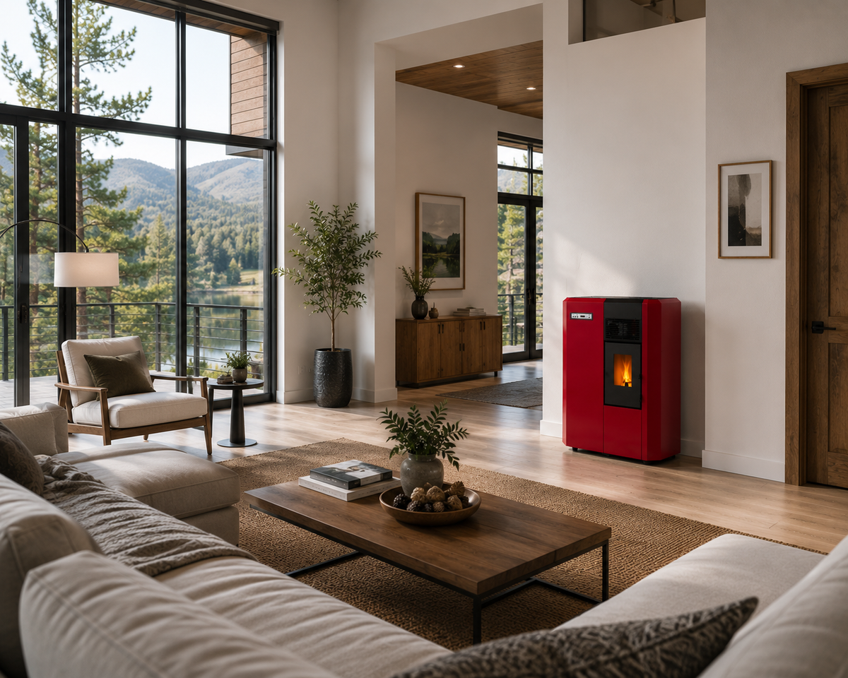 Red Compact high efficiency KF 4,0 freestanding pellet heating stove with visible flame in a modern living room. Smart Control free standing rear and lateral flue outlet home heating pellet stove. Modern home fireplace. This product is similar to Comfortbilt Pellet Stoves HP50 Brown Modern Design Efficient, Cleveland Iron Works Pellet Stove PS20W-CIW, Harman Allure50 Pellet Stove, Drolet Eco-65R Pellet Stove, ComfortBilt Alpine Pellet Stove HP41, ATLAS Pellet Stove Boiler.
