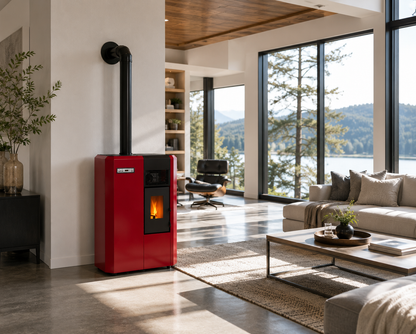 Red Compact high efficiency KF 4,0 freestanding pellet heating stove with visible flame and a black chimney pipe in a modern living room. Smart Control free standing rear and lateral flue outlet home heating pellet stove. Modern home fireplace. This product is similar to Comfortbilt Pellet Stoves HP50 Brown Modern Design Efficient, Cleveland Iron Works Pellet Stove PS20W-CIW, Harman Allure50 Pellet Stove, Drolet Eco-65R Pellet Stove, ComfortBilt Alpine Pellet Stove HP41, ATLAS Pellet Stove Boiler.
