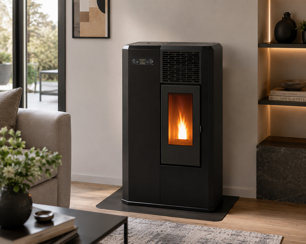 Black Compact high efficiency KFD 6,0 PS floor and hanging home heating pellet stove with a visible burning flame. Smart Control free standing rear and lateral flue outlet home heating pellet stove. Modern home fireplace. This product is similar to Comfortbilt Pellet Stoves HP50 Brown Modern Design Efficient, Cleveland Iron Works Pellet Stove PS20W-CIW, Harman Allure50 Pellet Stove, Drolet Eco-65R Pellet Stove, ComfortBilt Alpine Pellet Stove HP41, ATLAS Pellet Stove Boiler.
