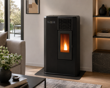 Black Compact high efficiency KFD 6,0 PS floor and hanging home heating pellet stove with a visible burning flame. Smart Control free standing rear and lateral flue outlet home heating pellet stove. Modern home fireplace. This product is similar to Comfortbilt Pellet Stoves HP50 Brown Modern Design Efficient, Cleveland Iron Works Pellet Stove PS20W-CIW, Harman Allure50 Pellet Stove, Drolet Eco-65R Pellet Stove, ComfortBilt Alpine Pellet Stove HP41, ATLAS Pellet Stove Boiler.
