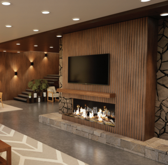 48" Summit Linear Traditional log Gas Glass Fireplace in Modern living room.