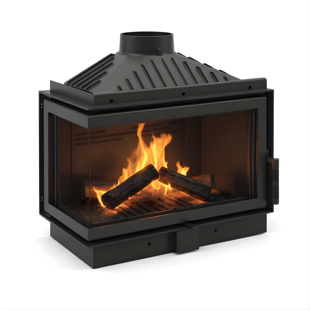 Left Corner Dorako ECO MAX 7 L/R STANDARD wood stove with flames and logs on a white background. Black color Wall-Insert Fireplace with 720 x 720 x 460 mm Overall dimension