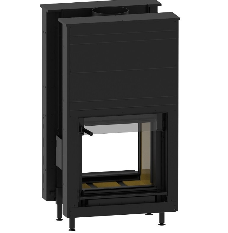 Dorako Linea DF V 1190 Double sided glass wood burning indoor wall built-in fireplace with visible log burning flame in a modern living room. High-efficiency  see through wood stove with, Mid century modern Fireplace, A energy class fireplace, room divider fireplace. This fireplace is similar to; Majestic 42" Designer See-Thru Radiant Wood Burning Fireplace, Majestic Designer Series 42-Inch See-Through Wood Burning Fireplace, Invicta Aaron 36" See-Through Contemporary Cast Iron Wood Burning Stove.