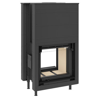 Dorako Linea V 180 Double sided glass wood burning indoor wall built-in fireplace with visible log burning flame in a modern living room. High-efficiency  see through wood stove with, Mid century modern Fireplace, A energy class fireplace, room divider fireplace. This fireplace is similar to; Majestic 42" Designer See-Thru Radiant Wood Burning Fireplace, Majestic Designer Series 42-Inch See-Through Wood Burning Fireplace, Invicta Aaron 36" See-Through Contemporary Cast Iron Wood Burning Stove.