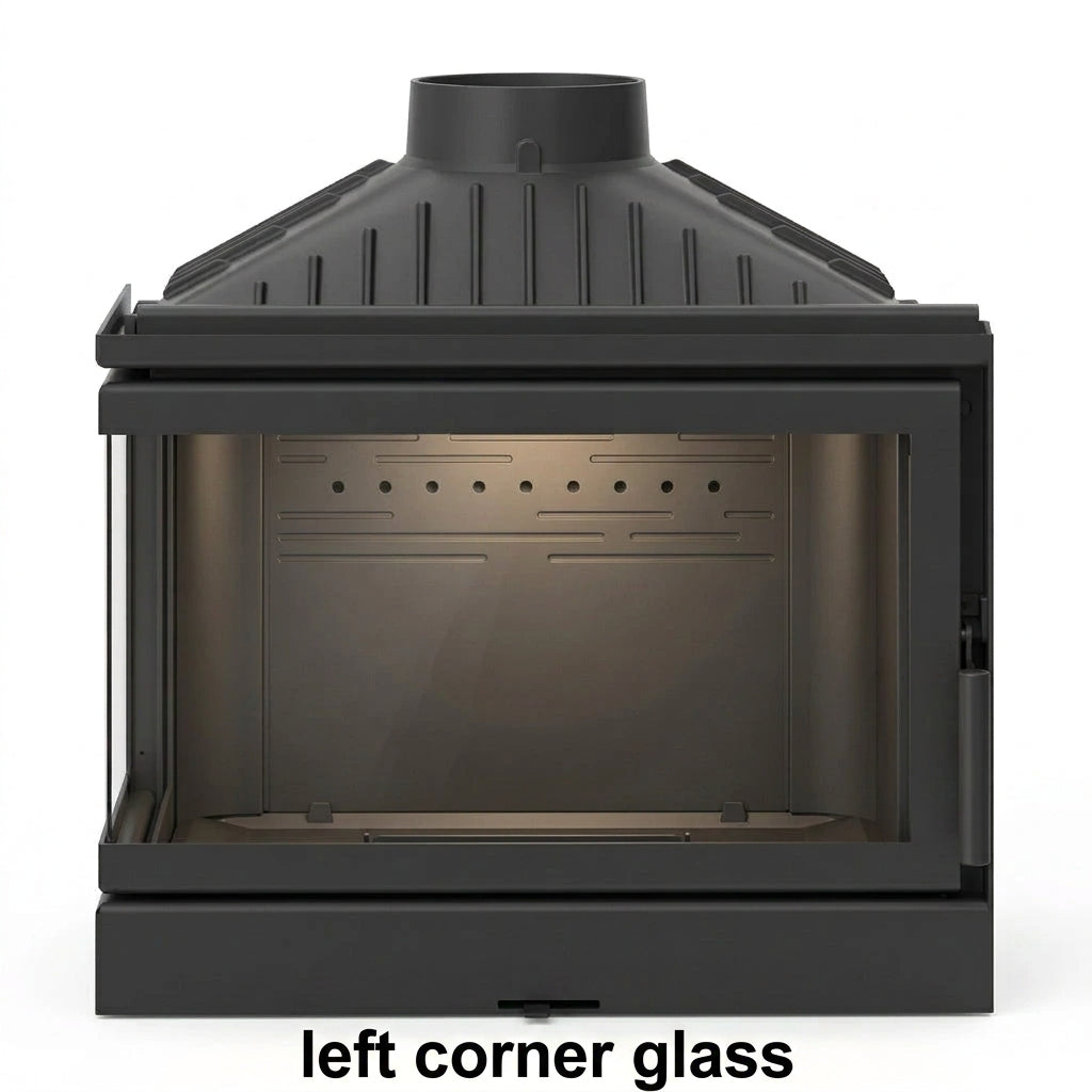 Front view of KFD ECO MAX 7 Left hand Corner Wood Fireplace. In-wall Insert wood burning with two sided transparent glass fireplace