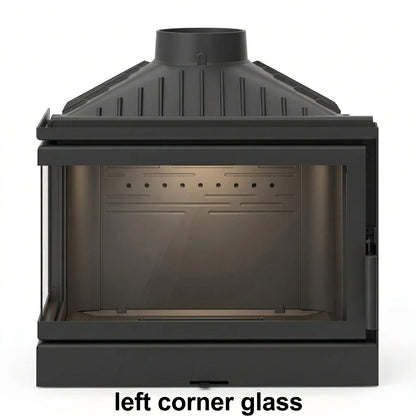 Front view of KFD ECO MAX 7 Left hand Corner Wood Fireplace. In-wall Insert wood burning with two sided transparent glass fireplace
