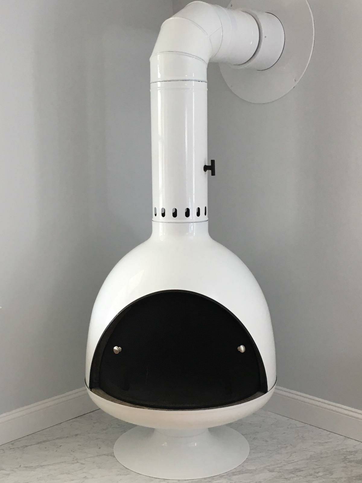 Glass White Malm Firedrum 3 with Matching Base and 90 degree Elbow with a side exit wood burning Fireplace MCM Style Scandinavian style fireplace