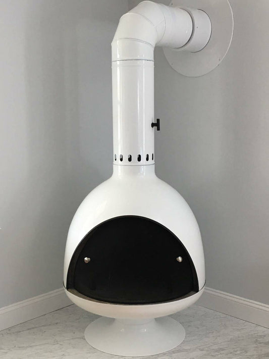 Glass White Malm Firedrum 3 with Matching Base and 90 degree Elbow with a side exit wood burning Fireplace MCM Style Scandinavian style fireplace