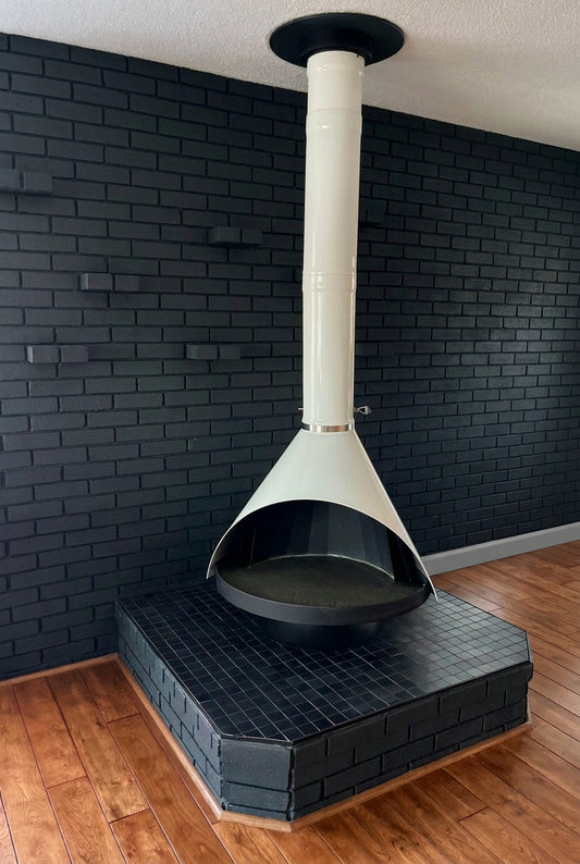 This Floating Mid Century Modern Fireplace sits on a stand that makes it look to be floating - in stock Malm Ready to ship 