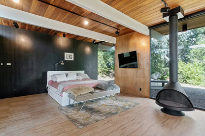 Matte Black Top finish and matching base Malm 30" zircon wood burning fireplace in Modern bedroom with a bed and rug with outdoor view