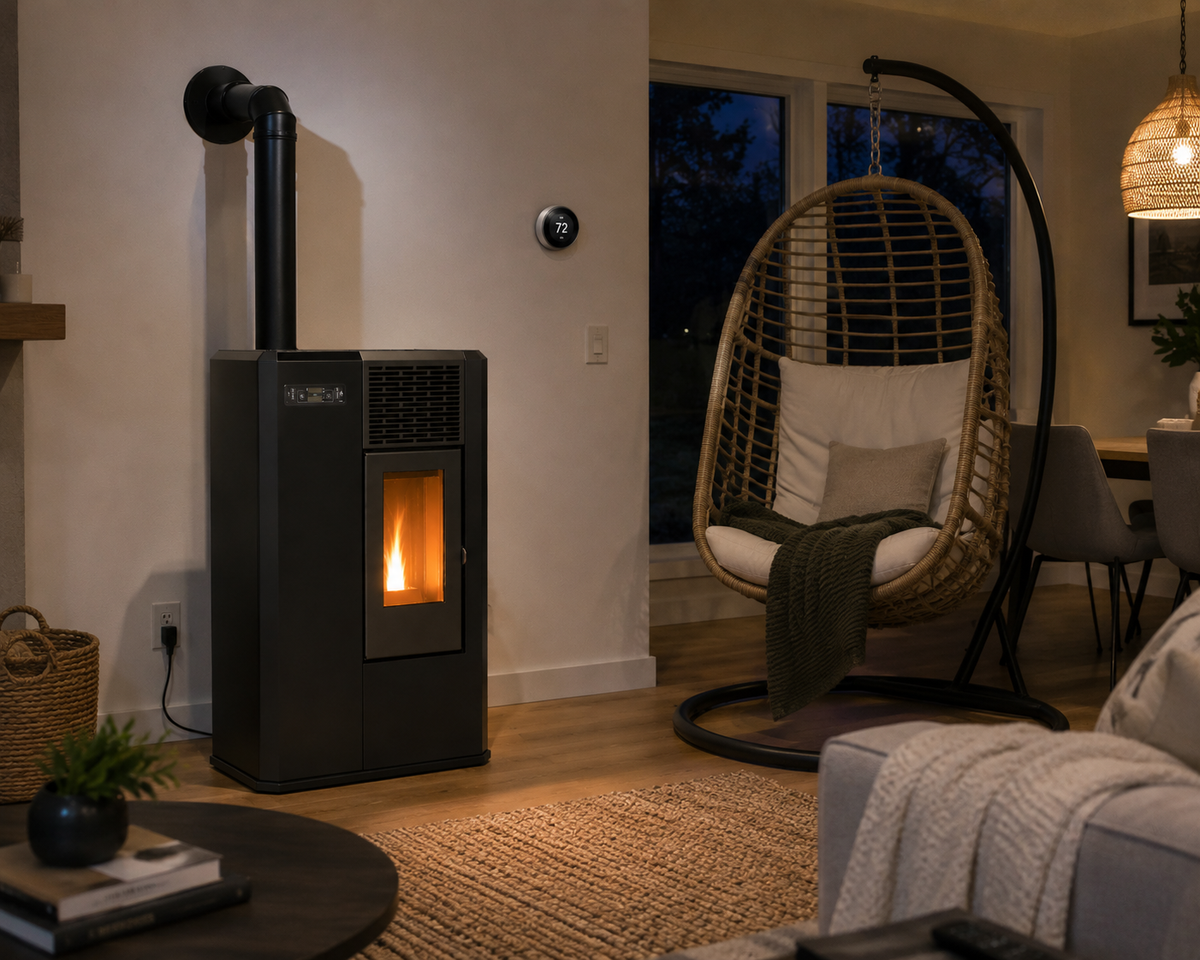 Black Compact high efficiency KFD 6,0 PS floor and hanging home heating pellet stove with a visible burning flame in a modern home. Smart Control free standing rear and lateral flue outlet home heating pellet stove. Modern home fireplace. This product is similar to Comfortbilt Pellet Stoves HP50 Brown Modern Design Efficient, Cleveland Iron Works Pellet Stove PS20W-CIW, Harman Allure50 Pellet Stove, Drolet Eco-65R Pellet Stove, ComfortBilt Alpine Pellet Stove HP41, ATLAS Pellet Stove Boiler.