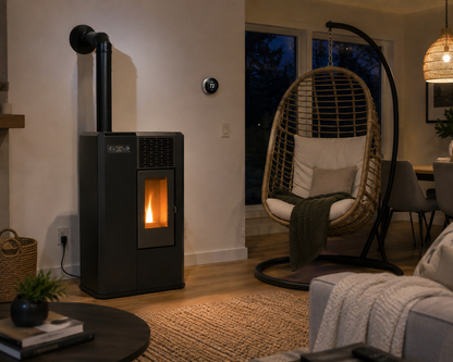 Black Compact high efficiency KFD 6,0 PS floor and hanging home heating pellet stove with a visible burning flame in a modern home. Smart Control free standing rear and lateral flue outlet home heating pellet stove. Modern home fireplace. This product is similar to Comfortbilt Pellet Stoves HP50 Brown Modern Design Efficient, Cleveland Iron Works Pellet Stove PS20W-CIW, Harman Allure50 Pellet Stove, Drolet Eco-65R Pellet Stove, ComfortBilt Alpine Pellet Stove HP41, ATLAS Pellet Stove Boiler.