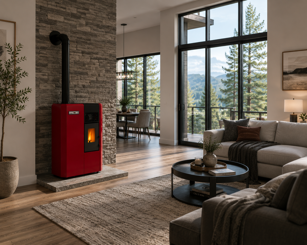 Red Compact high efficiency KF 4,0 freestanding pellet heating stove with visible flame and a black vent pipe in a modern living room. Smart Control free standing rear and lateral flue outlet home heating pellet stove. Modern home fireplace. This product is similar to Comfortbilt Pellet Stoves HP50 Brown Modern Design Efficient, Cleveland Iron Works Pellet Stove PS20W-CIW, Harman Allure50 Pellet Stove, Drolet Eco-65R Pellet Stove, ComfortBilt Alpine Pellet Stove HP41, ATLAS Pellet Stove Boiler.
