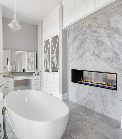 Montigo Distinction Built-In Linear Gas Fireplace Inserts into a Marble Wall that connects Modern bathroom with a Bathtub to a Room. Eco-Friendly Direct Vent Gas Fireplace with visible flame to uplift your space.