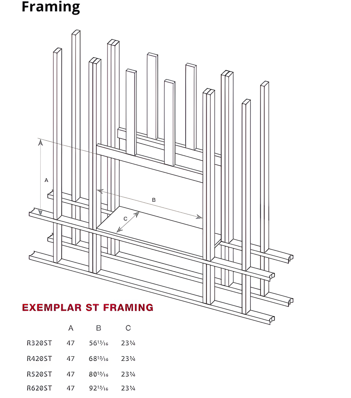 Technical drawing of a framing structure with dimensions labeled of Montigo Exemplar Built-In See through Direct Vent Linear gas fireplace.