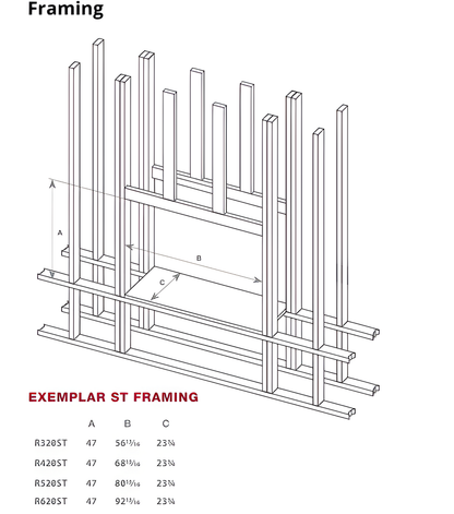Technical drawing of a framing structure with dimensions labeled of Montigo Exemplar Built-In See through Direct Vent Linear gas fireplace.
