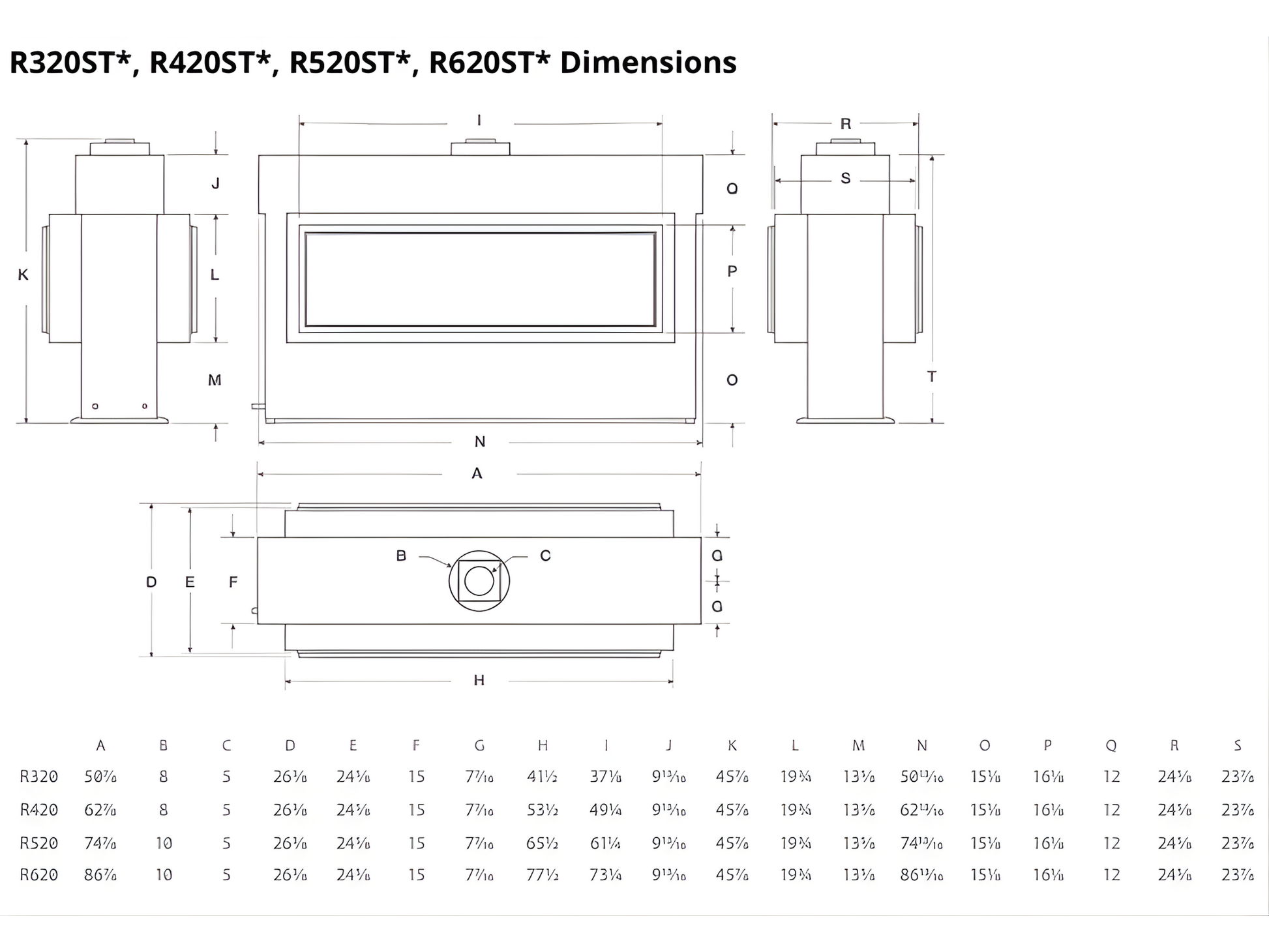 Technical drawing of a product with dimensions labeled of Montigo Exemplar see through Linear Gas fireplace.