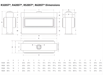 Technical drawing of a product with dimensions labeled of Montigo Exemplar see through Linear Gas fireplace.