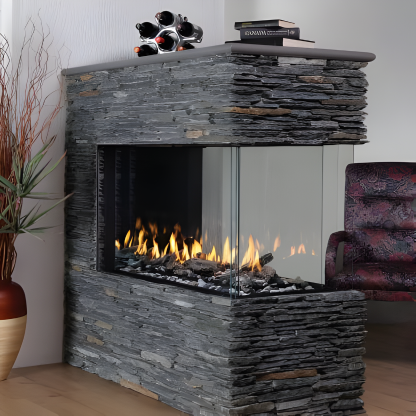 3 Sided Built-In Motigo Exemplar RP424 See Through Gas Fireplace Inserts Into a decorative Stone wall in a modern Living room. Direct Vent Indoor Natural gas and propane Fireplace perfect to connect your spaces, room to room or outdoor to indoor. Clean burning media, High efficient and modern design Linear fireplace. Regency, Jotul ,Invicta, Heat n Glow , Modern Flames, Focus, Malm, Napoleon Monigo Exemplar 3 sided glass fishbowl style fireplace