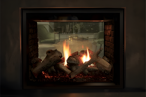40" Montigo Paragon See Through Built-In Direct Vent Gas Fireplace Inserts Into a wall with a black surround and Visible flames. Eco-Friendly Indoor Fireplace. Brand Accuracy	Montigo Paragon 40, TruFlame Technology, Direct Vent.
Visual Descriptors	Sleek design, massive flame, double-sided glass, "fish tank" view.
Competitor Targets	Barbara Jean Outdoor Fireplace, Regency City Series, Napoleon see-through.
Use Case	Commercial patio heater, indoor-outdoor fireplace, luxury backyard fire feature.
Installation	
