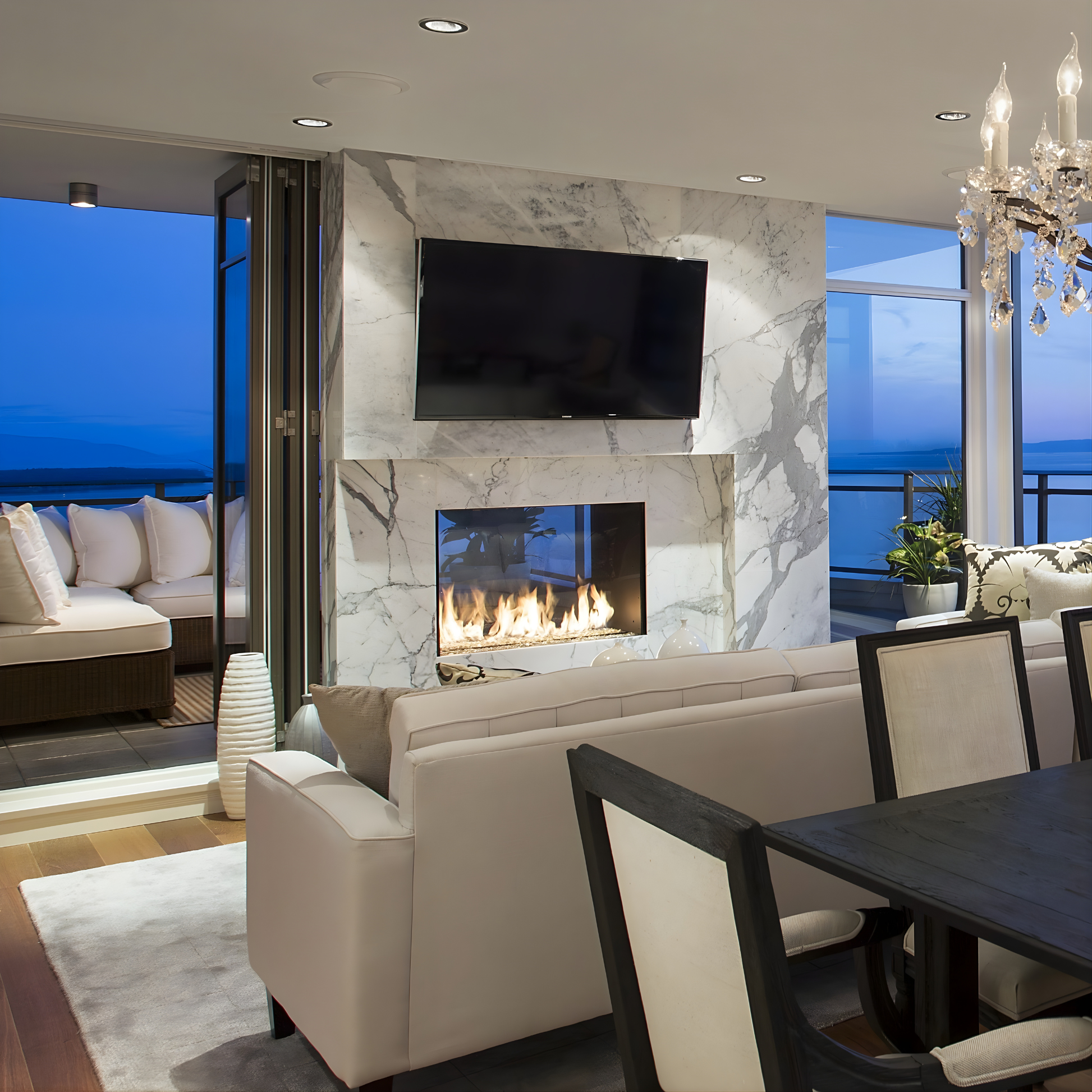 Montigo Exemplar Indoor/Outdoor Built-In Direct Vent Gas Fireplace Inserts Into a marblelike Wall with a Television mounted on top the Fireplace in a modern living room with large windows. Double Sided See through Modern Fireplace. Eco Friendly Fireplace suitable for homes and commercial space.
This product is similar to Heat & Glo 6K Series Gas Fireplace, Napoleon Elevation 42" Built-In Electric Fireplace Insert, Modern Flames Redstone, Regency Bellavista 41" Flush Gas Fireplace, Malm Gas fireplace inserts