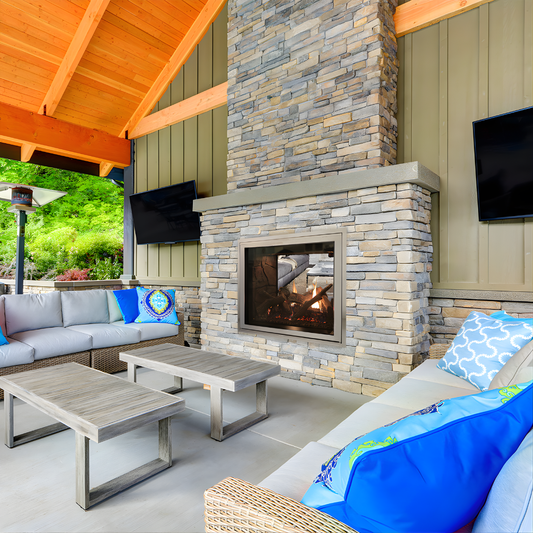 40" Montigo Paragon See Through Built-In Gas Fireplace Inserts into Brick wall in outdoor patio setting. Direct vent Modern Fireplace suitable for homes and commercial space Montigo PARAGON 40" TruFlame See Through Direct Vent Fireplace | Built-In Indoor Fireplaces double sided glass see through fireplace.  see through like barbara jean outdoor fireplaces modern sleek design gas see through double sided fireplace