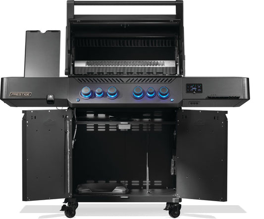 The stunning, matte black, Phantom Prestige 500 Connected, Natural Gas Grill with Infrared Side and Rear Burner is a dynamic evolution in grilling, featuring Wi-Fi and Bluetooth that brings you closer to your grilling experience than ever before. Cast stainless steel cooking grids are virtually maintenance-free and produce exceptional sear marks. Monitor temperatures, set timers, get cook assistance, and receive high-temperature warnings—all from your smartphone. With included temperature probes 