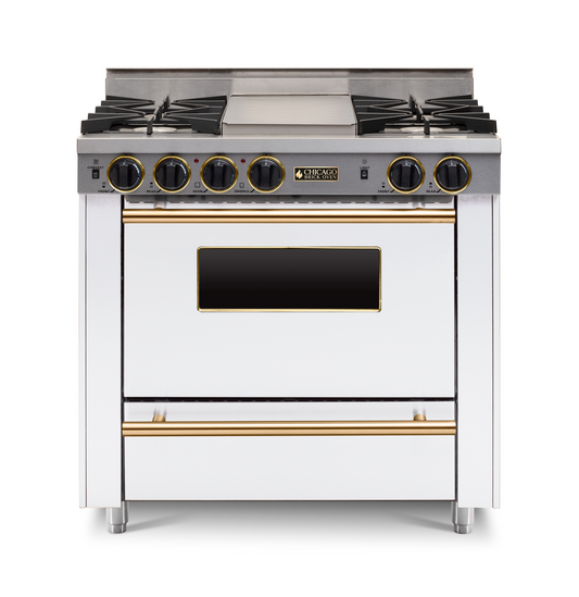 36" white All-Gas Range with Four Open Burners with large Oven and Brass trim Chicago Brick Oven Range White range stainless steel range black range Stove