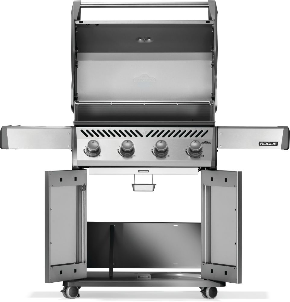 Open view of rogue 525 gas grill with infrared side burner