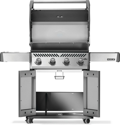 Open view of rogue 525 gas grill with infrared side burner