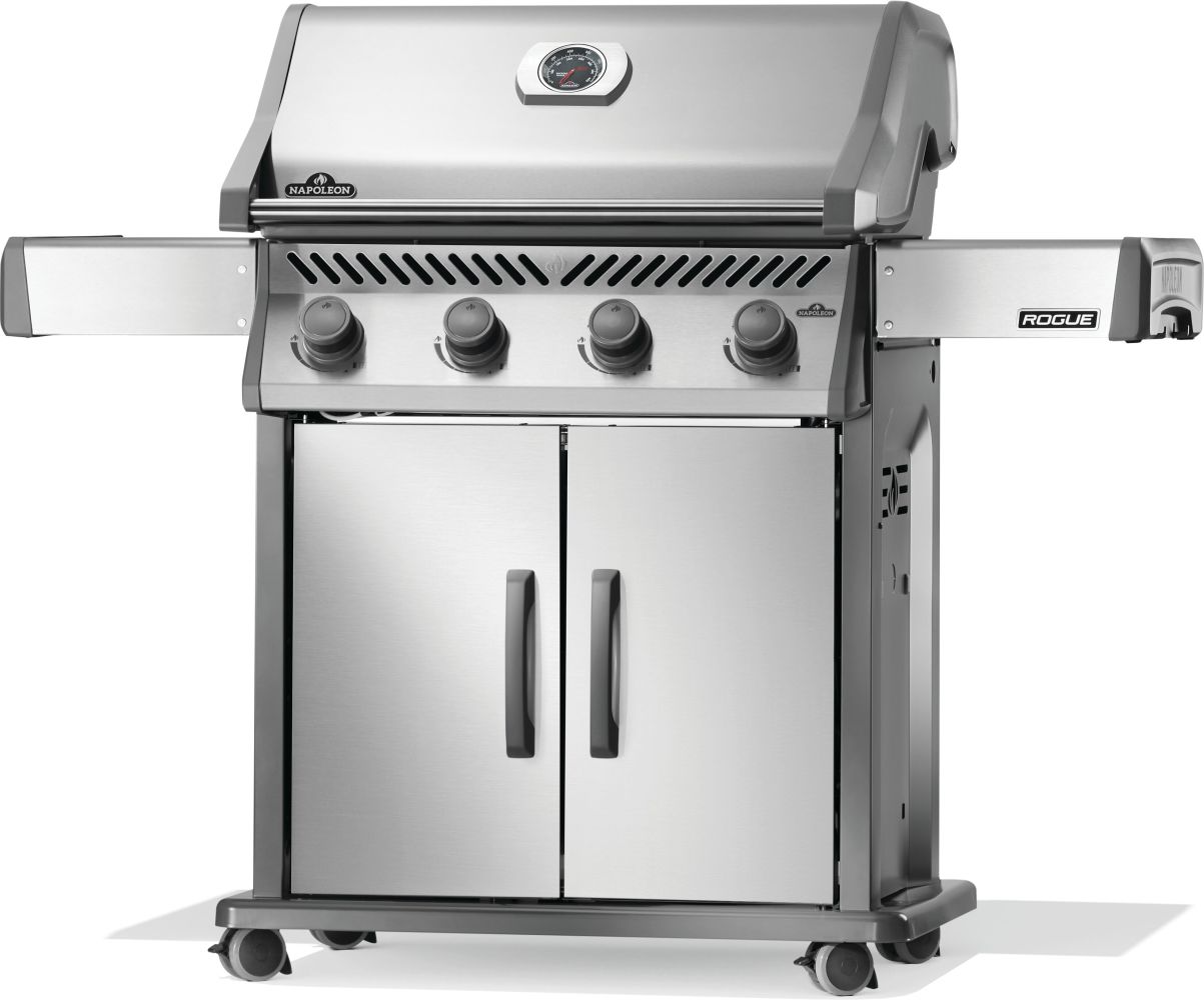 Stainless steel rogue 525 gas grill with hinged infrared side burner