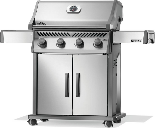 Stainless steel rogue 525 gas grill with hinged infrared side burner