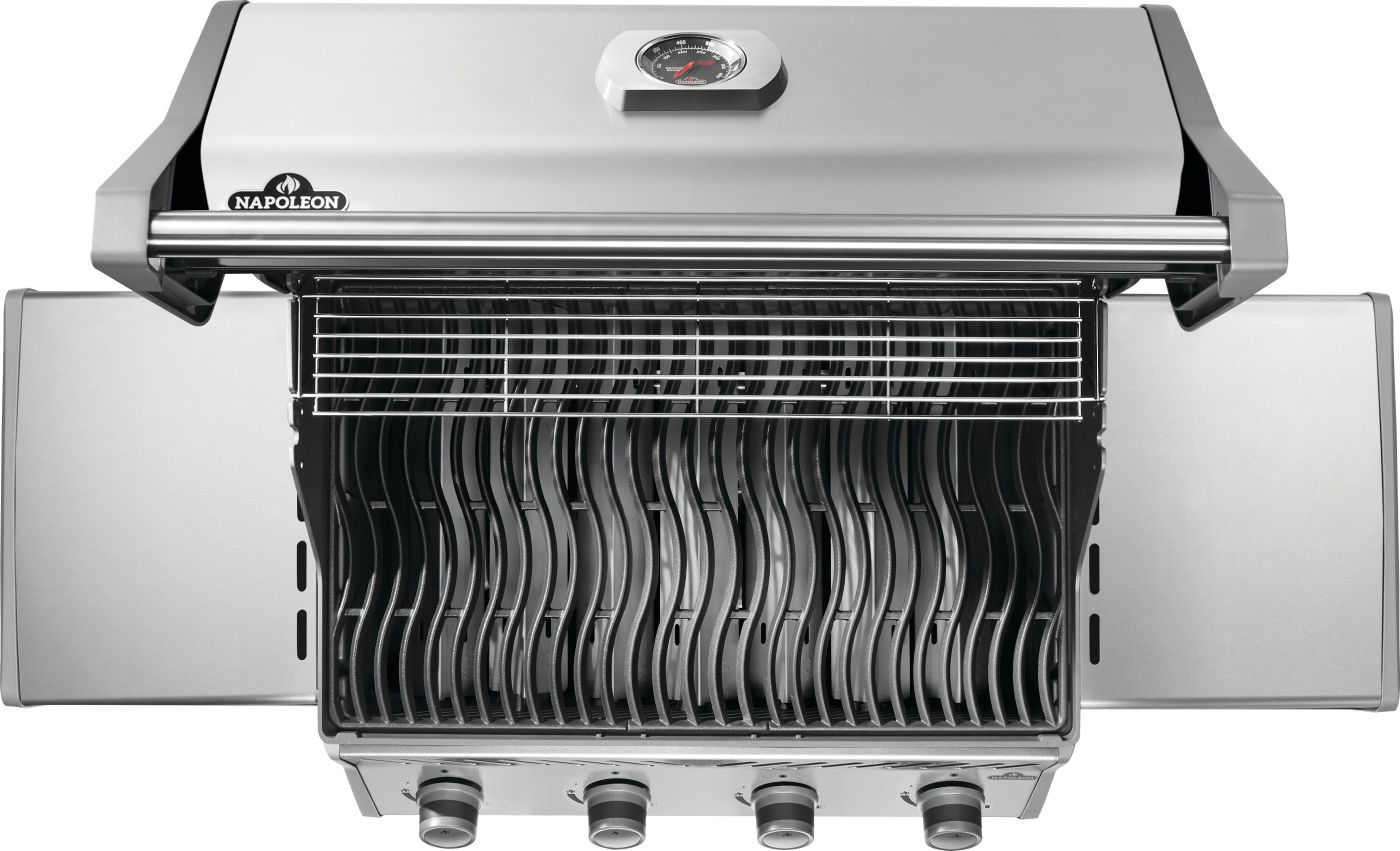 Iconic cooking wave grid of Stainless steel rogue 525 gas grill with hinged infrared side burner
