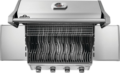 Iconic cooking wave grid of Stainless steel rogue 525 gas grill with hinged infrared side burner