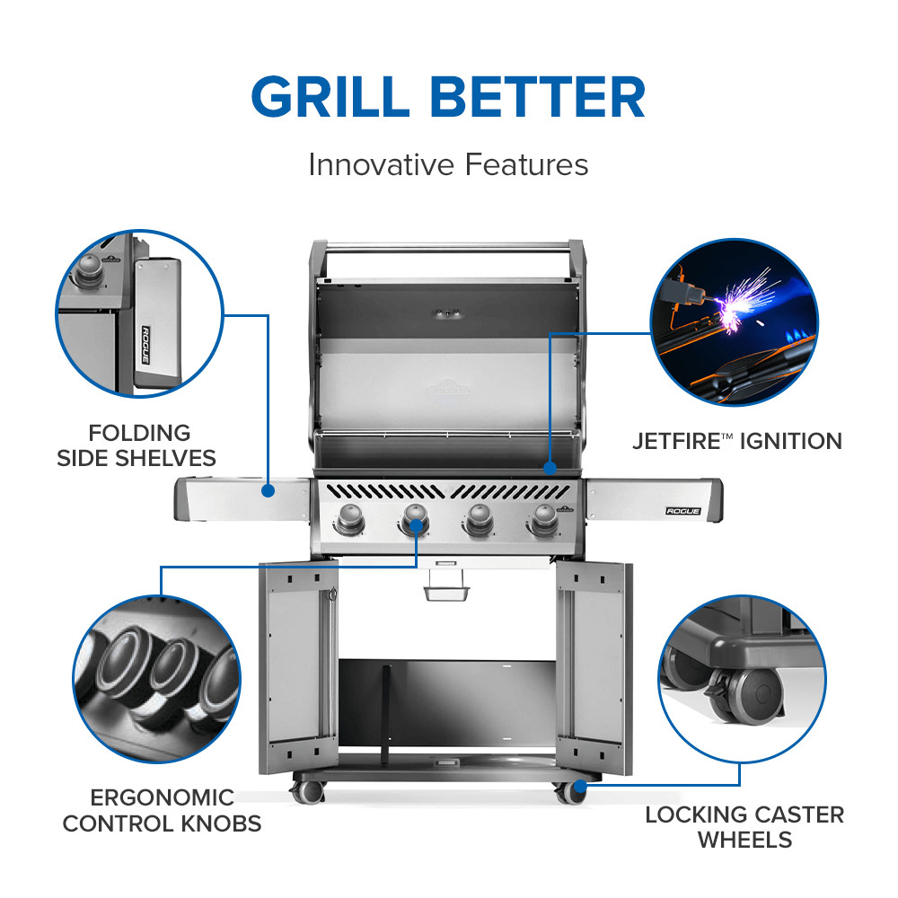 Stainless steel rogue 525 gas grill with hinged infrared side burner Innovative features