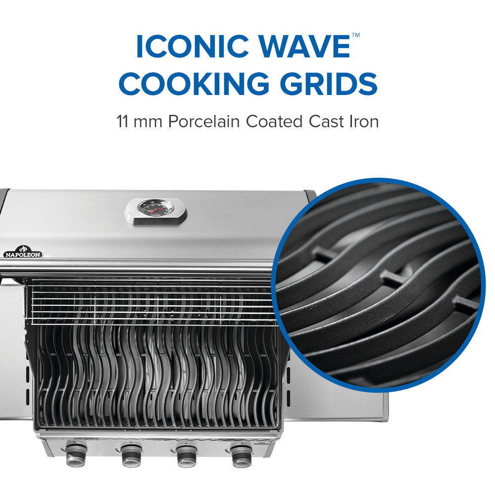 Iconic cooking wave grid of Stainless steel rogue 525 gas grill with hinged infrared side burner