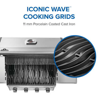 Iconic cooking wave grid of Stainless steel rogue 525 gas grill with hinged infrared side burner