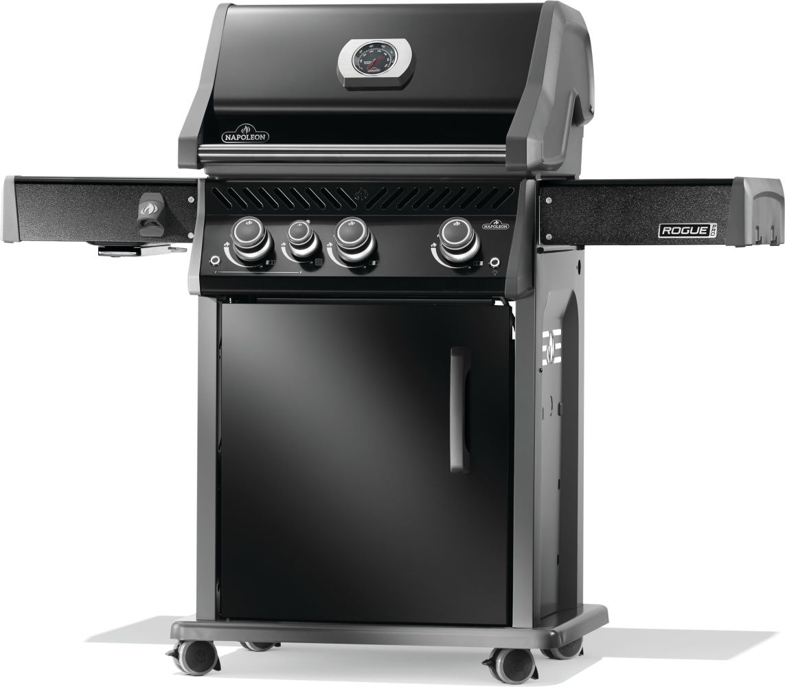 Angle view of Black rogue pro 425 SIB with hinged infrared side burner