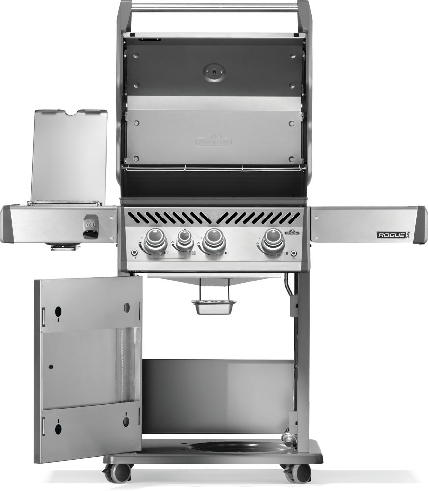 Open view of Stainless steel rogue pro 425 SIB with hinged infrared side burner