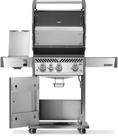 Open view of Stainless steel rogue pro 425 SIB with hinged infrared side burner