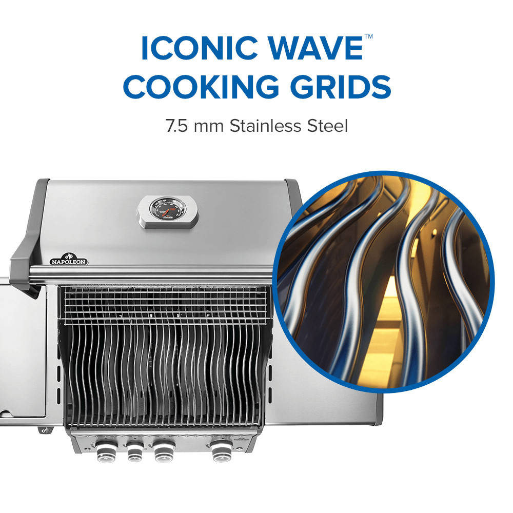 Iconic wave cooking grid of Stainless steel rogue pro 425 SIB with hinged infrared side burner