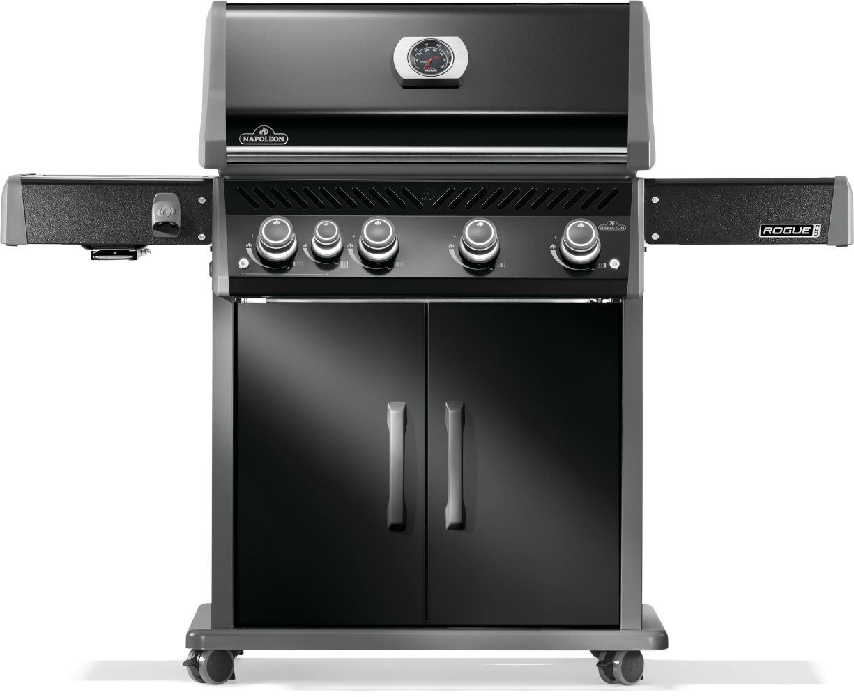Front View of Black porcelain Napoleon Rogue series PRO 525 SIB with infrared side burner Smokers and BBQ