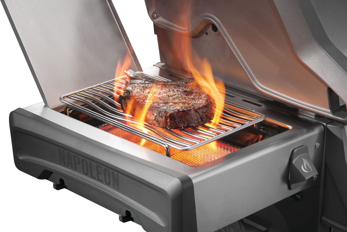 Black napoleon rogue series pro 625 sib, open infrared side burner with Steak