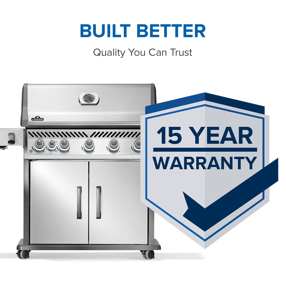 Stainless steel napoleon rogue series pro 625 sib 15 year warranty badge