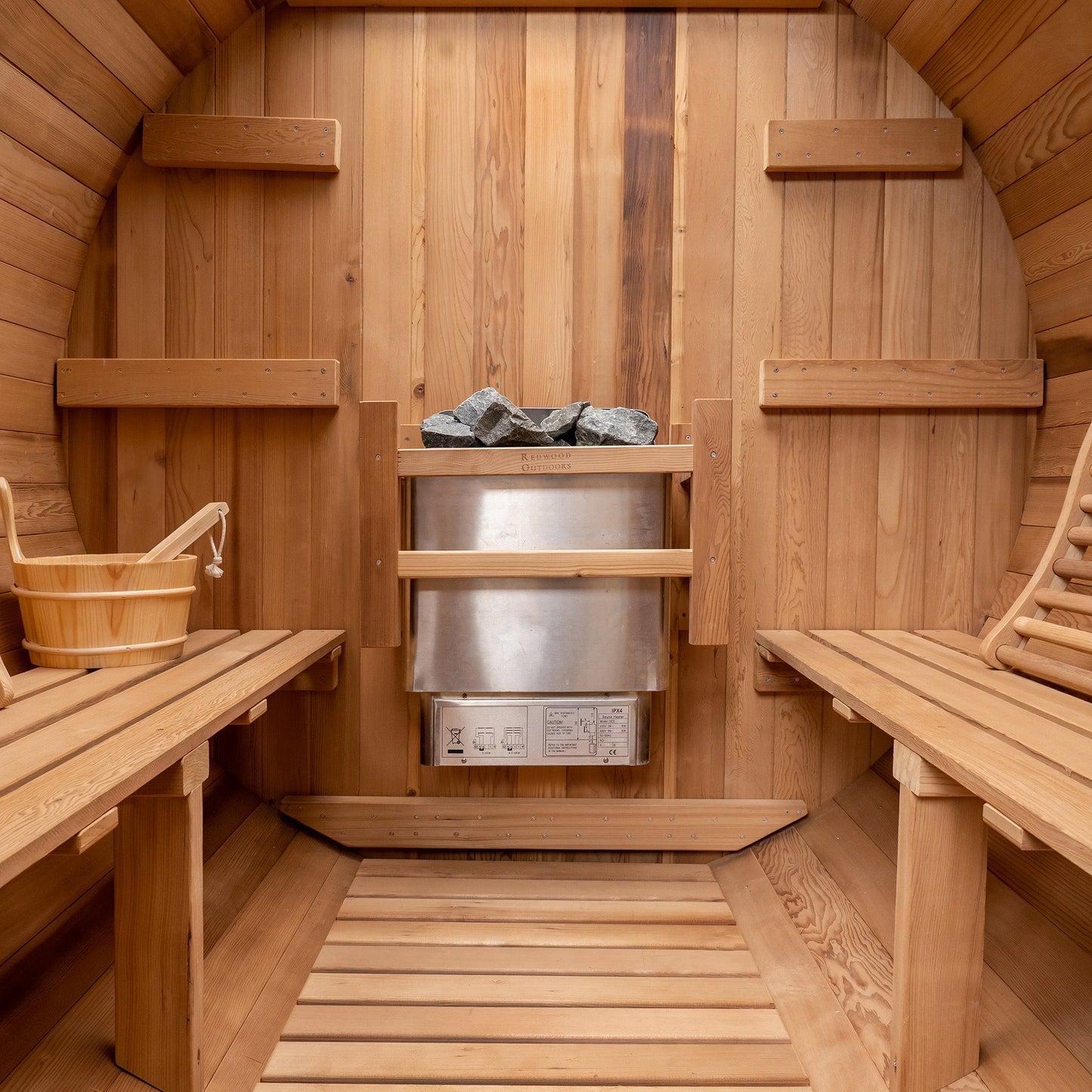 Barrel Outdoor Sauna - 6 Person w/ Harvia KIP 8kW Heater by Redwood Outdoors