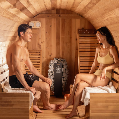 Barrel Outdoor Sauna - 6 Person w/ Harvia KIP 8kW Heater by Redwood Outdoors